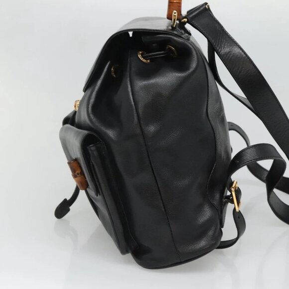 GUCCI Bamboo Backpack Leather Black Gold - Picture 3 of 15